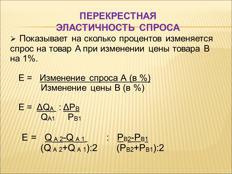 ПЕРЕКРЕСТНАЯ  ЭЛАСТИЧНОСТЬ СПРОСА  Показывает на сколько процентов изменяется спрос на товар A